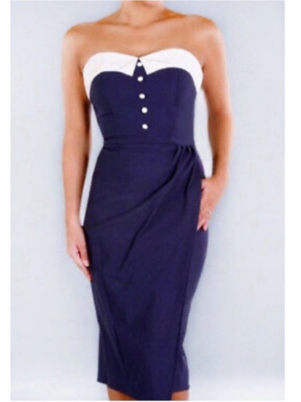 Stop Staring Navy and White Strapless Sweetheart Midi Dress